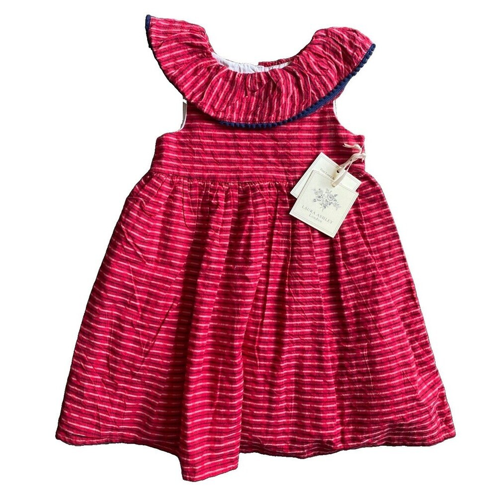 NWT Laura Ashley London Toddler Girls Red Striped Dress Size 2T Cotton Ruffle